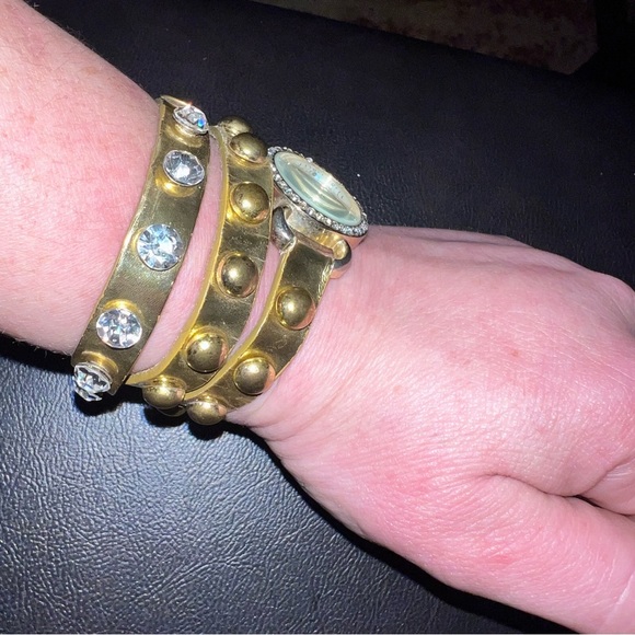 Gold Wrap Watch w/ Rhinestones & Mother of Pearl Face - Snap Button Close - Picture 5 of 12